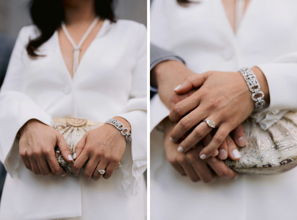 close up details of a bride and groom's hands and wedding rings after they eloped in New York City with Jenny Fu Photographry