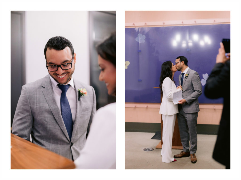 a man and woman exchange vows at New York City Hall during their CHIC NYC ELOPEMENT