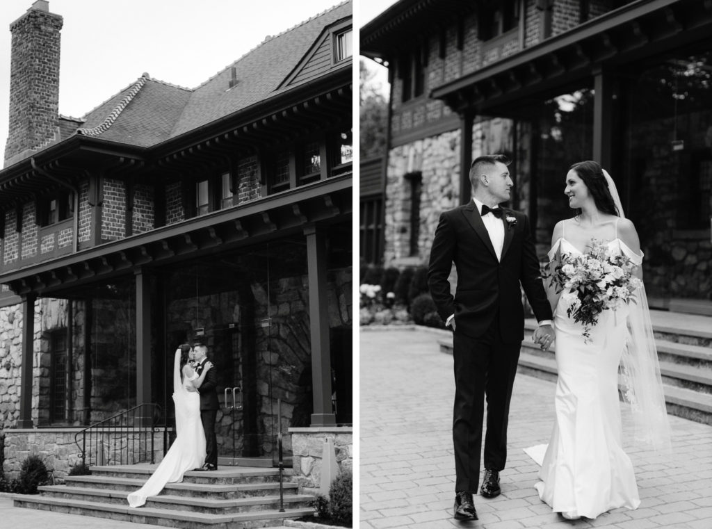 Elegant images of a bride and groom posing on the steps and walking in front of Le Chateau in South Salem, New York