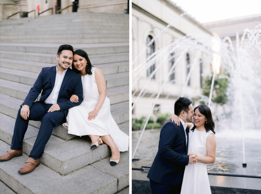 Engaged couple pose playfully for Jenny Fu Photography in front of the The Met in NYC