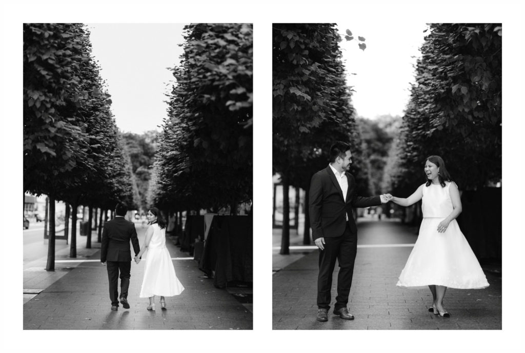 black and white images of engaged couple walking in New York City