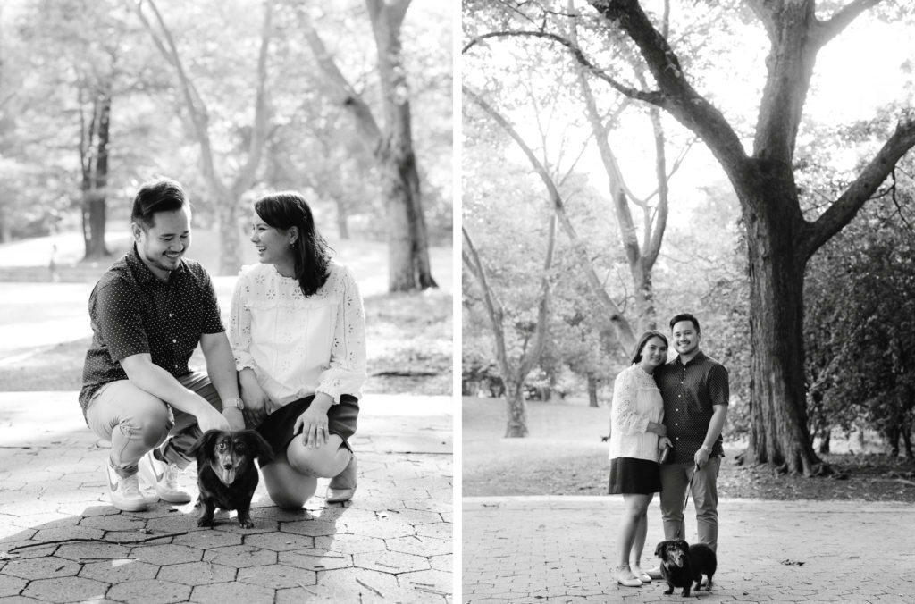 Engaged couple plays with their dachshund in Central Park in New York City