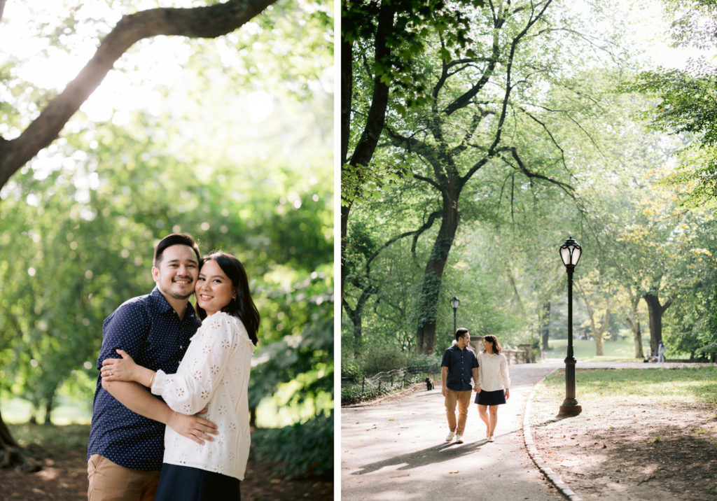 Engaged couple poses playfully in Central Park of New York City