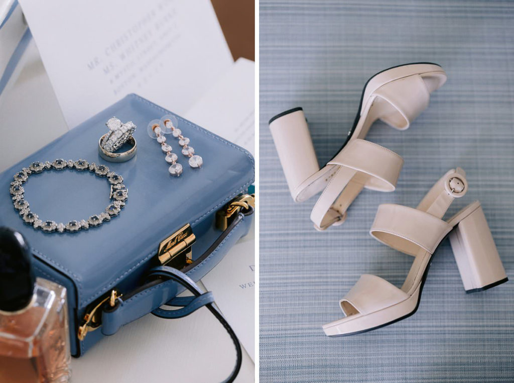 detail shots of a brides accessories for her cape cod wedding including a diamond bracelet and earrings and beige heels