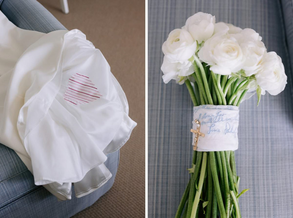 detail shots for a wedding on cape cod, white linen handkerchief wrapped around bride's bouquet