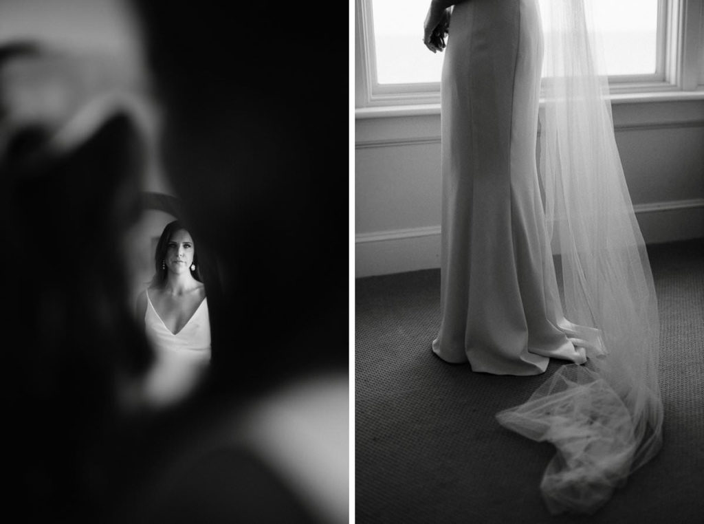 mirror reflection of a bride first seeing herself in her dress on her wedding day in cape cod