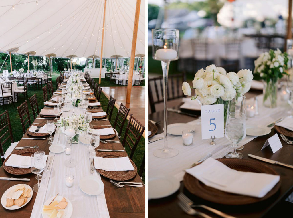detail shots of the table settings at an oceanside wedding in cape cod with a greenery and white theme. Photos by Jenny Fu studio