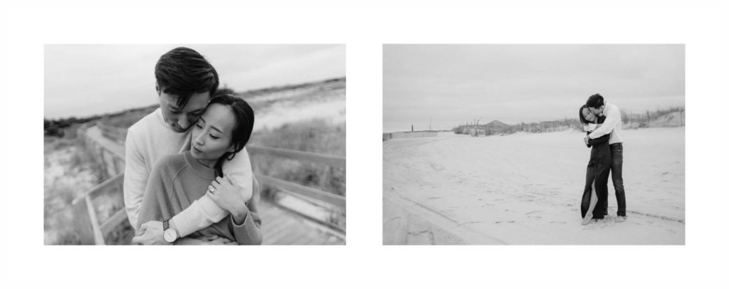 Newly engaged Asian couple hugs each other on the beach at Fire Island in Robert Moses State Park in New York. Images by Jenny Fu Studio
