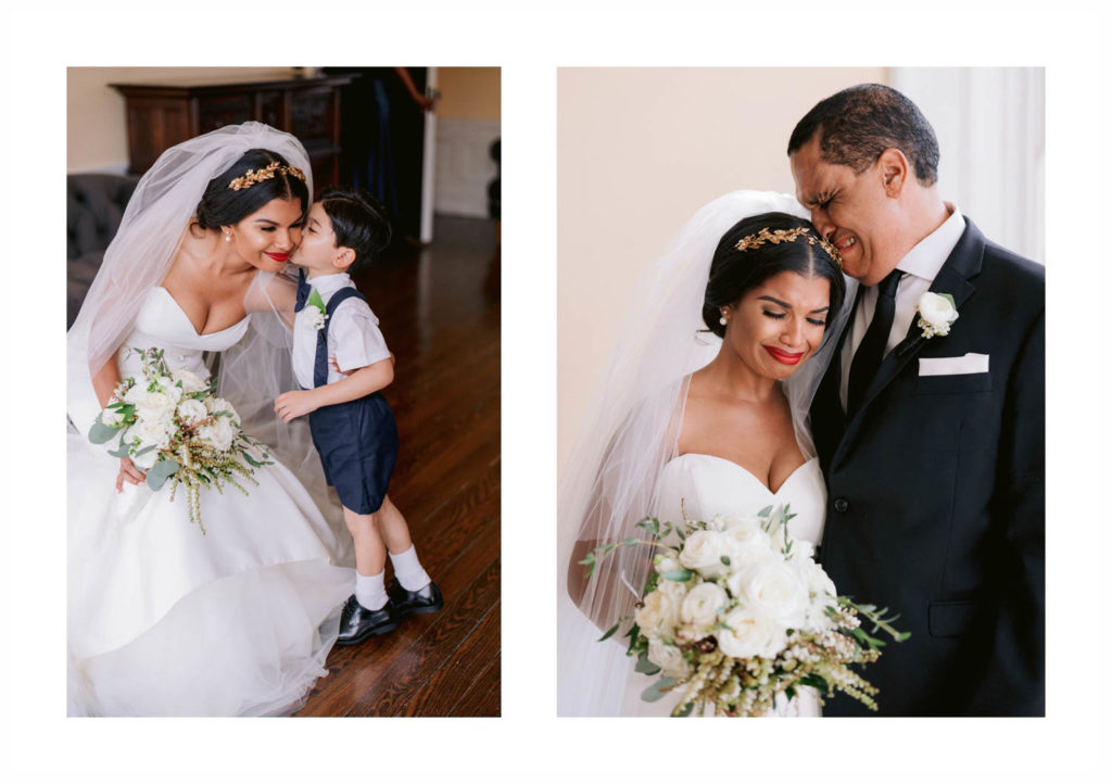 Gorgeous black bride is kissed by her adorable ring bearer and then hugged by her happy, teary-eyed dad