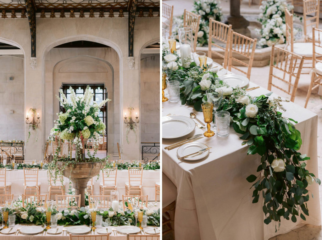 Reception venue at Castle Gould in new York showcases opulent decor with tall floral centerpieces and gold champagne flutes on all the tables