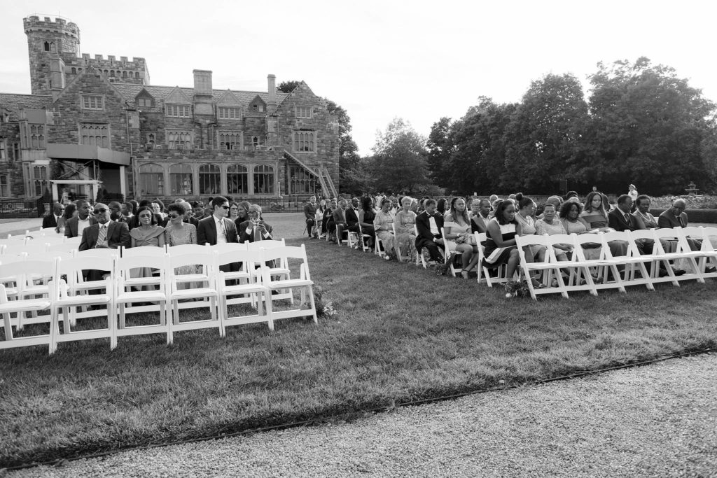 Guest wait for the ceremony to begin at Castle Gould in New York