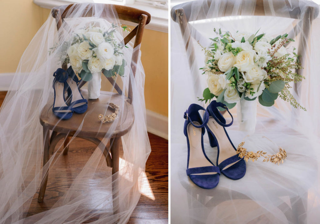 detail shots of a bridal veil and shoes at a wedding at Castle Gould at the Sand Point Preserve in New York