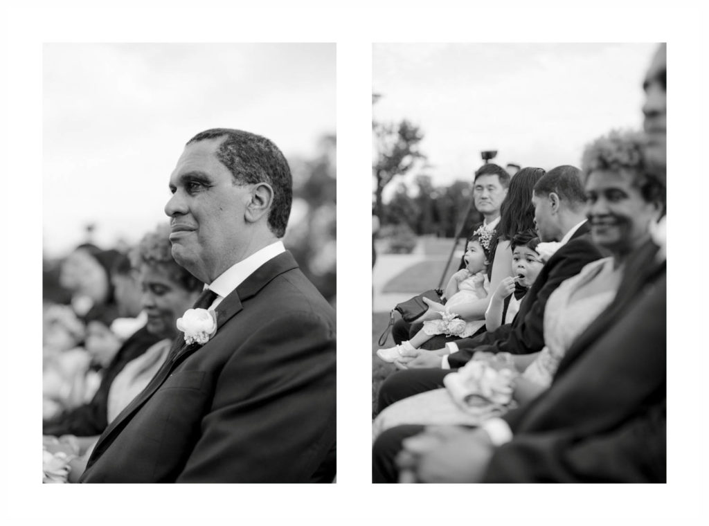close ups of parents and guests watching a wedding ceremony outside on the grounds of the Sands Point Preserve in New York