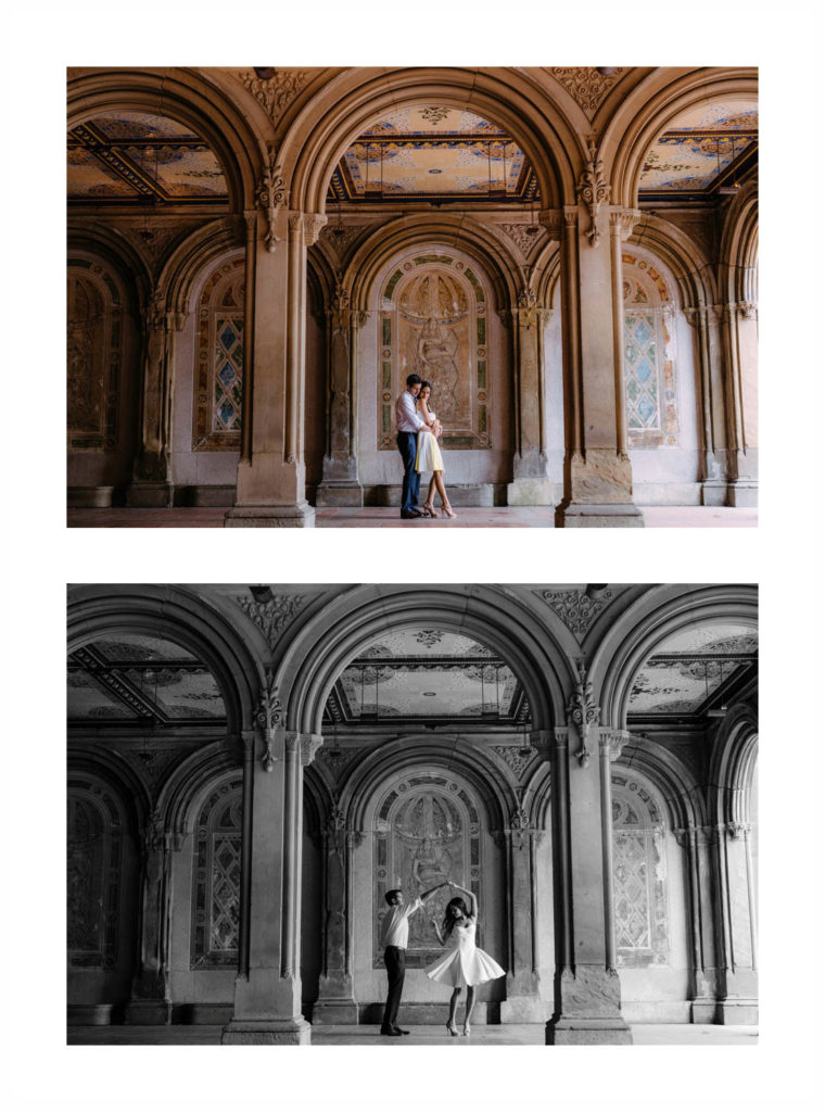 Young couple poses in one of amazing architectural structures of NYC's central park. Photos by Jenny Fu Studio