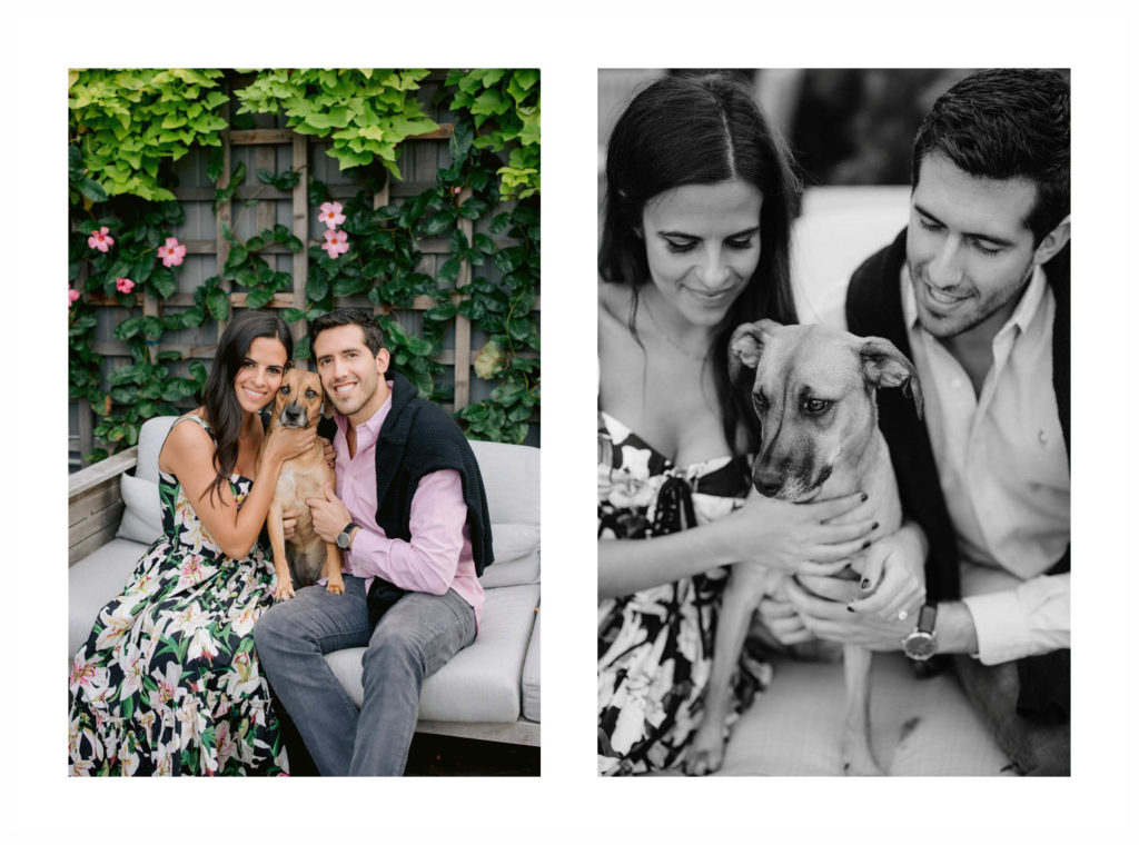 Young couple poses for engagement photos in NYC Central Park with their 25-lb light brown rescue dog. Photos by Jenny Fu Studio