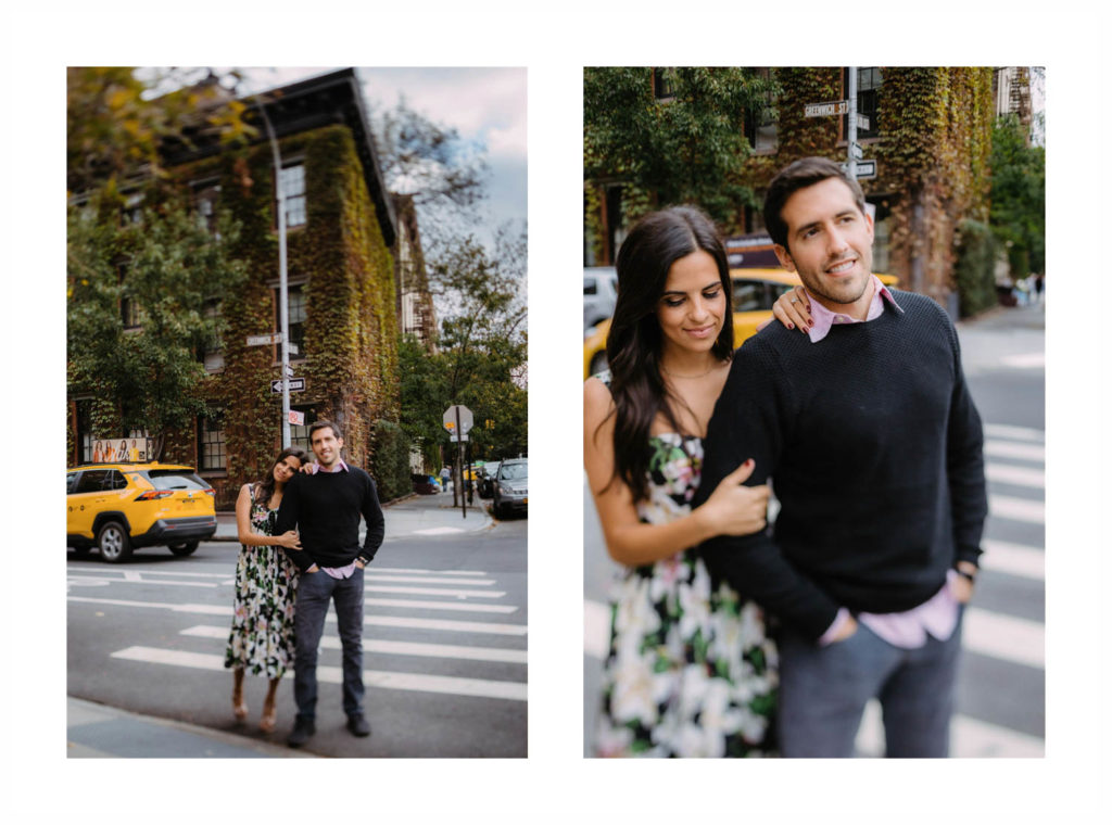 Young couple in New York City celebrates their engagement with jenny Fu—a NYC Wedding Photographer—around the West Village of NYC