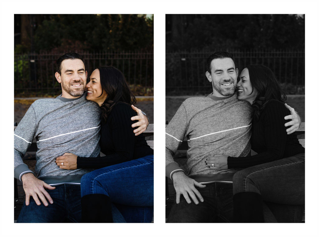 Different faces of a couple sitting snuggled up on a park bench in Brooklyn Heights. Editorial engagement session by Jenny Fu