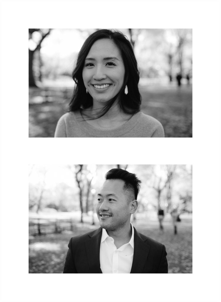 headshots of a smiling engaged couple in central park new york. images by jenny fu