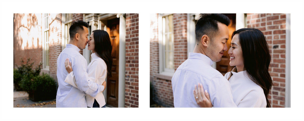 an asian couple steals an intimate kiss in the brick and whitewashed doorway of a brownstone in the west village of nyc, images by jenny fu wedding photographer