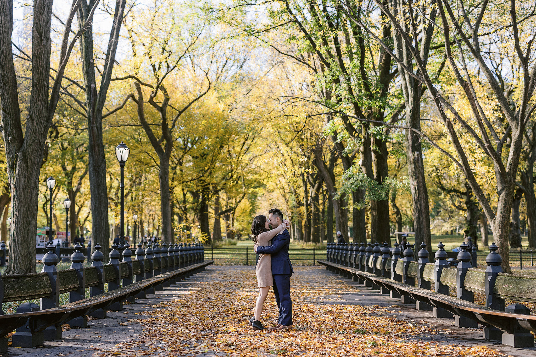 young asian couple hugs each other in the middle of a beautiful walkway in central park, new york