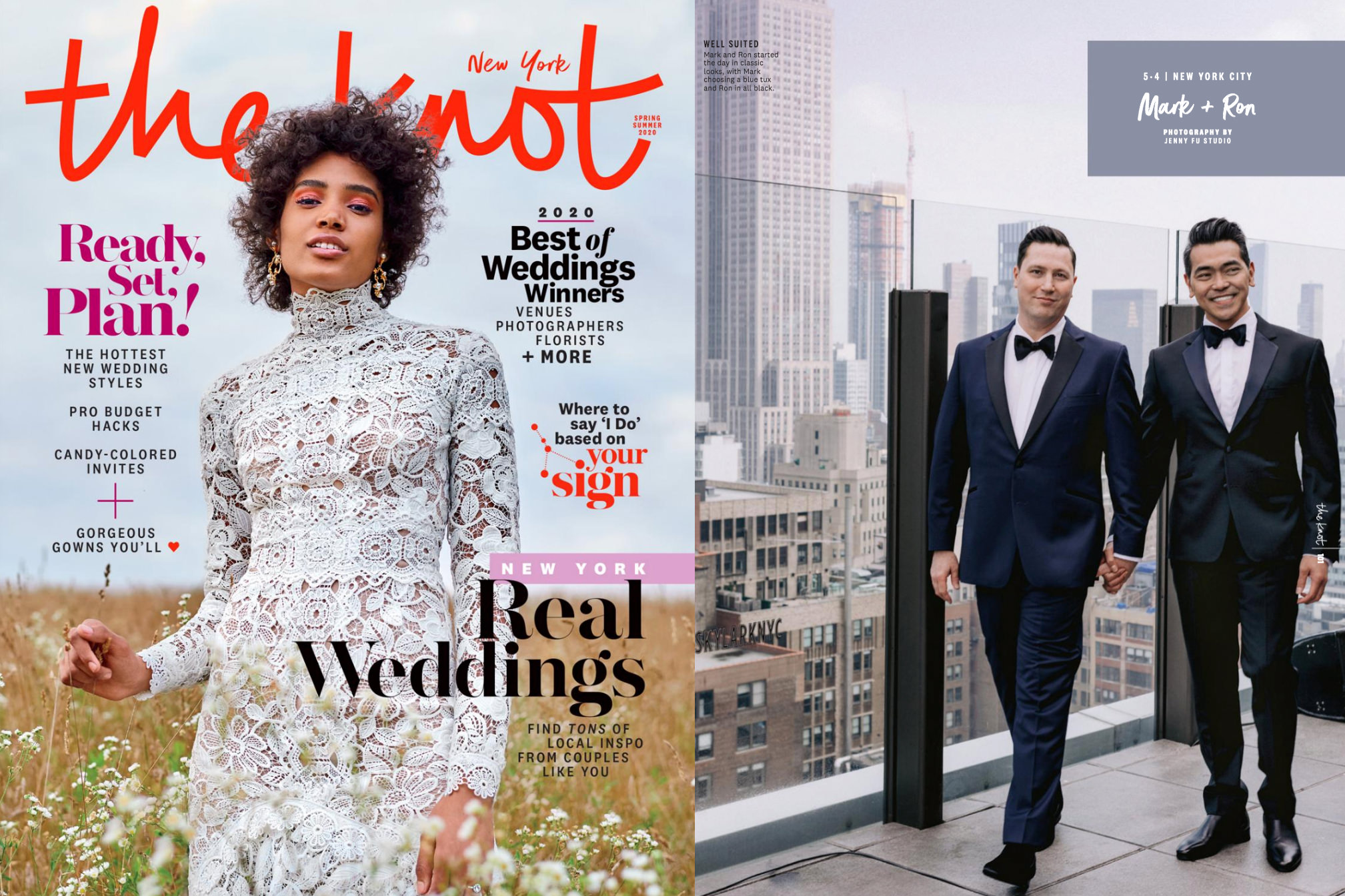 The Knot New York NYC Spring 2020 Manhattan Wedding Magazine Publication Featuring Wedding at The Skylark, NYC; JENNY FU Studio Editorial Wedding Photographer