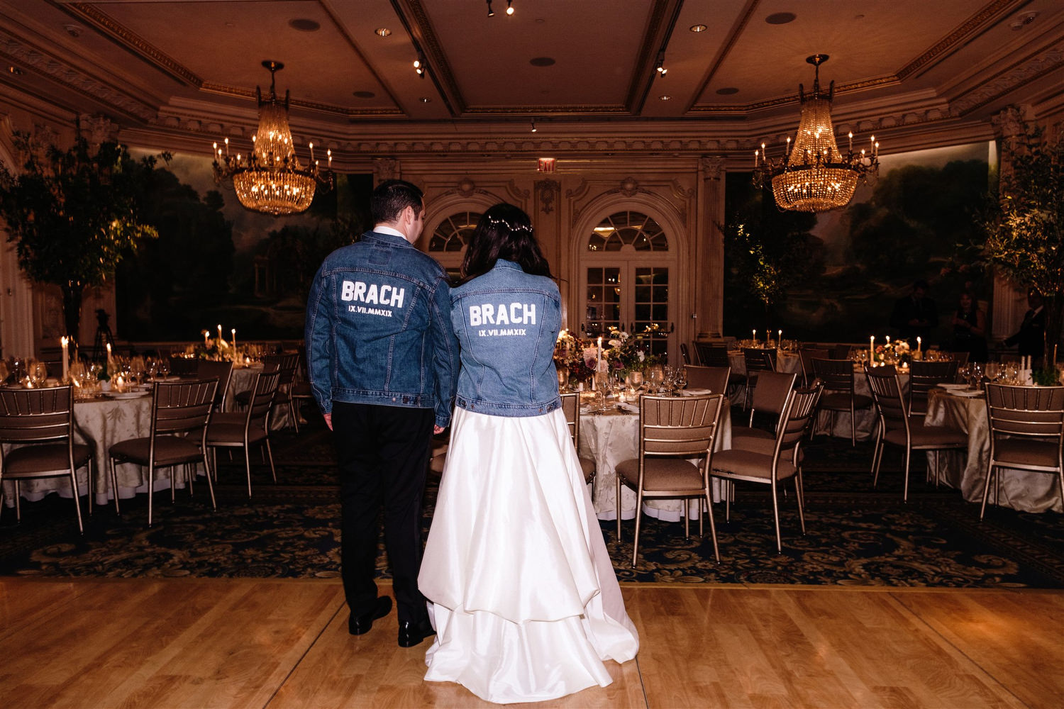 jw marriott essex house, grand salon, jenny fu studio, customized branded Levi's jean jackets with couple's last name and wedding date, at their dinner reception