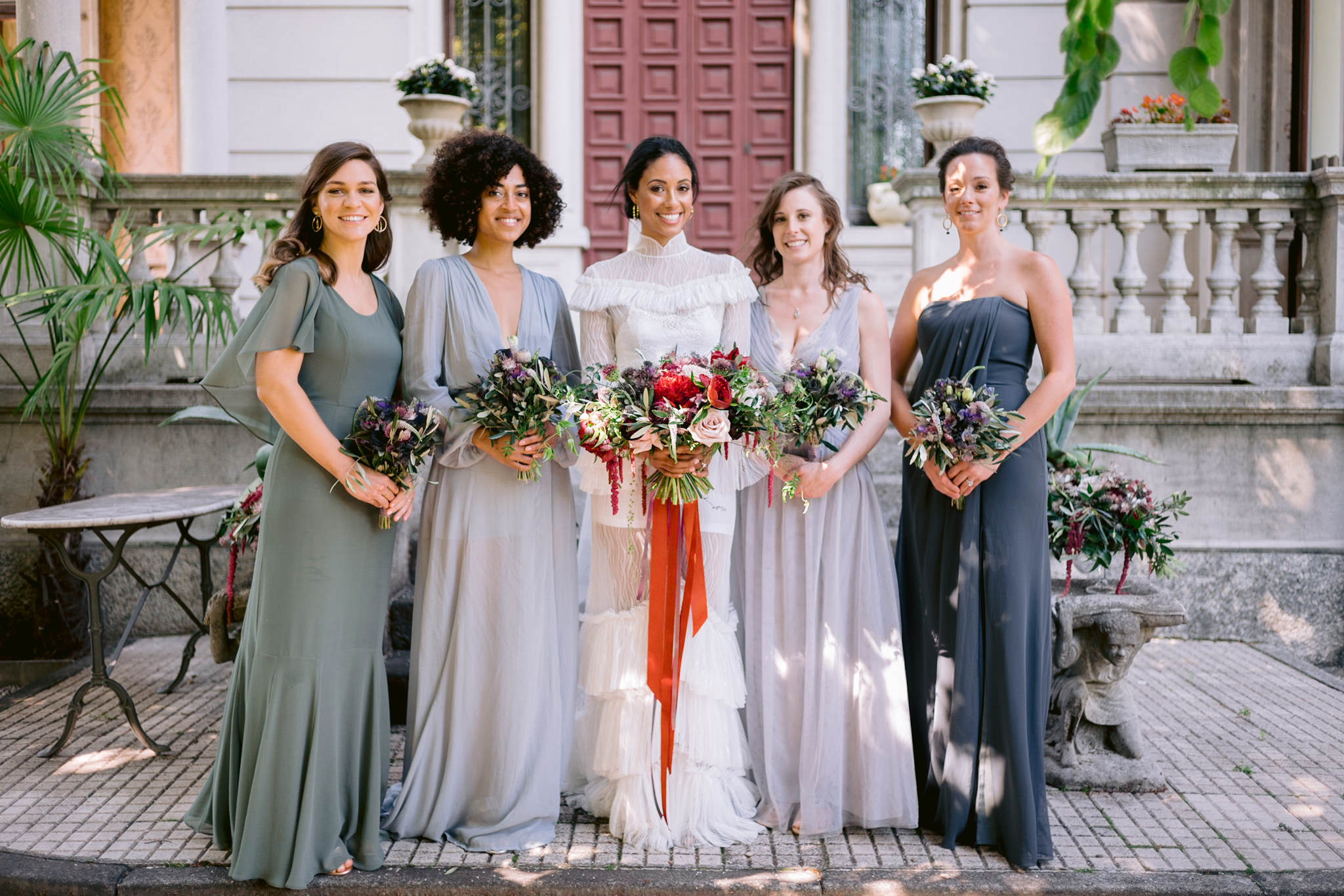 Lake Como, Italy, wedding with mismatched bridesmaid dresses