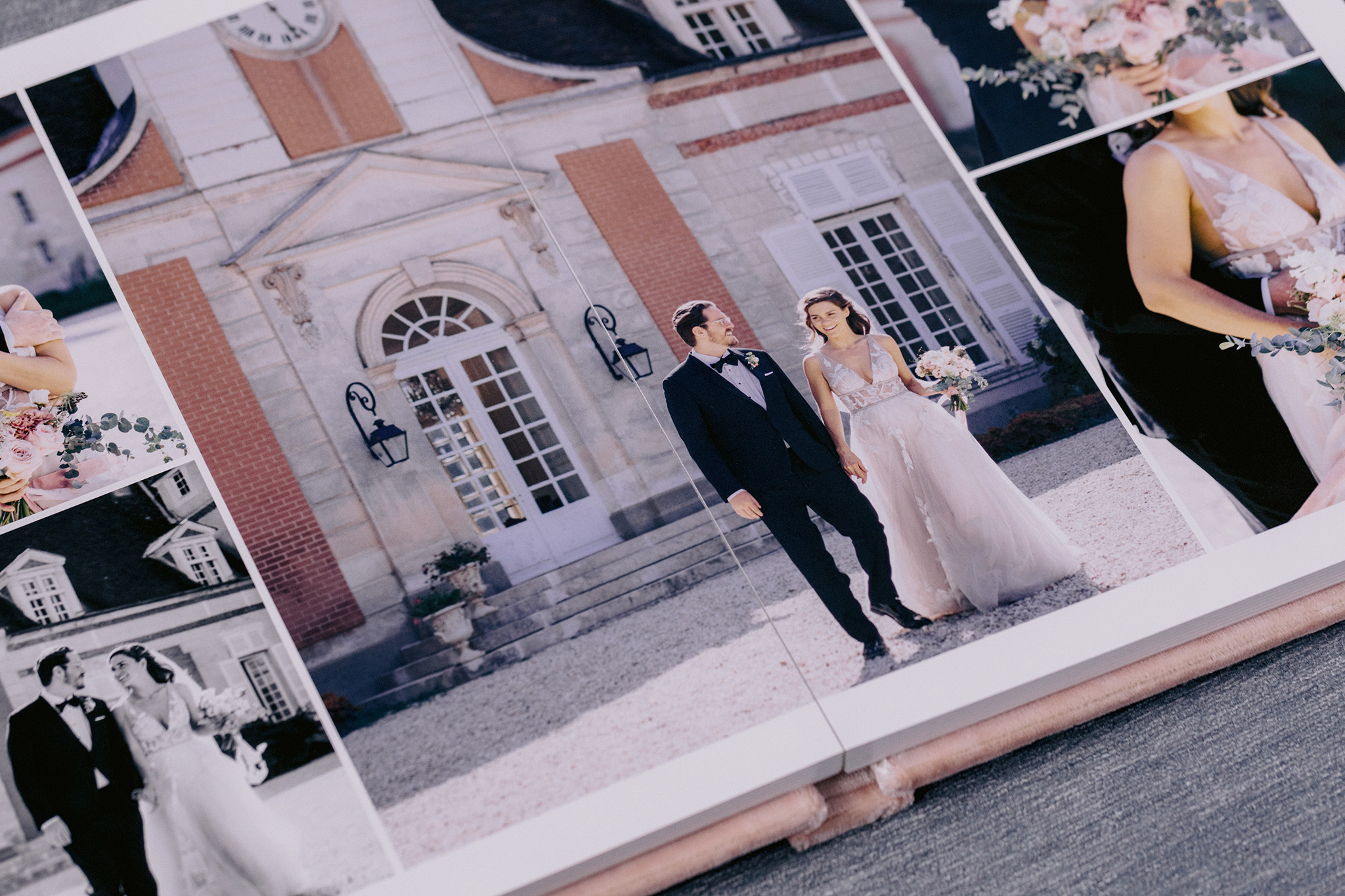 Images of a bride and groom on their wedding day printed in their wedding album