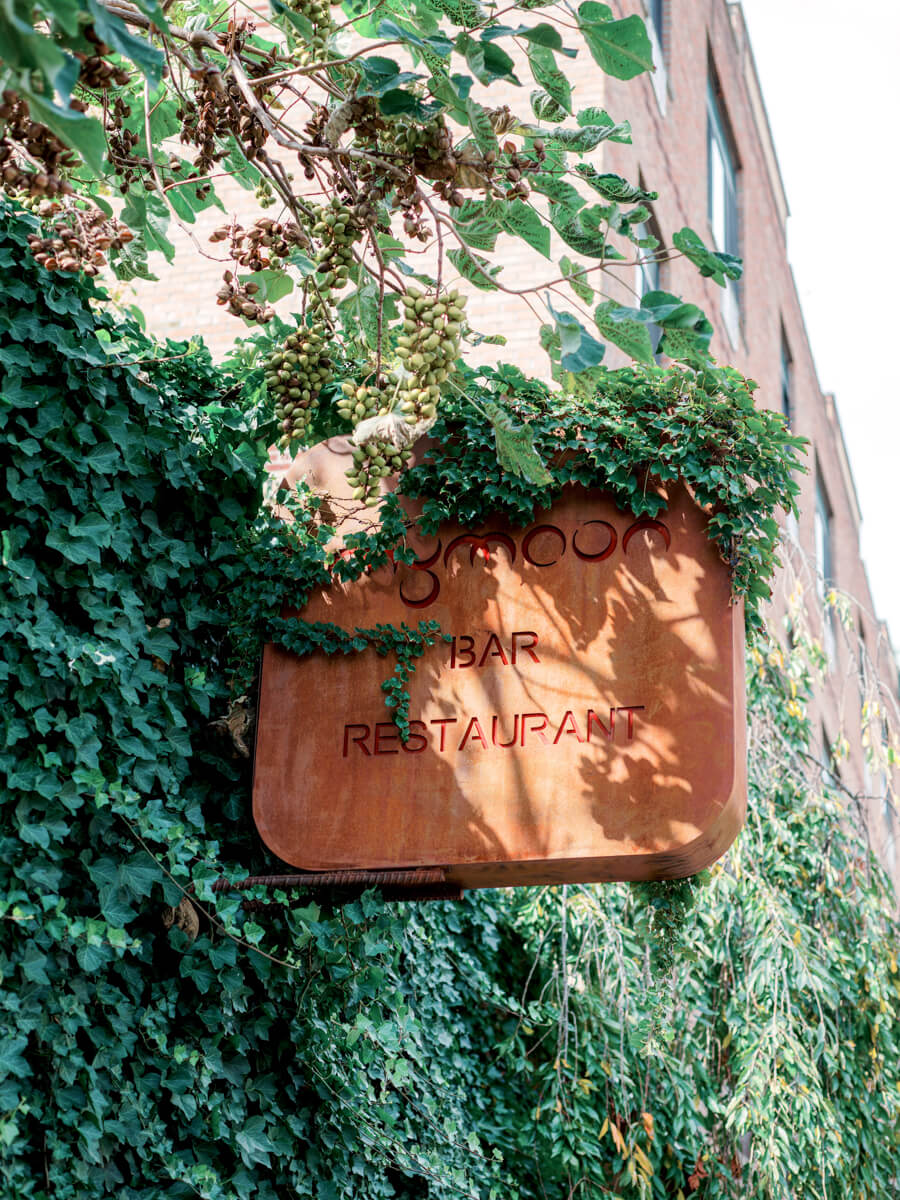 Wooden signage of MyMoon Restaurant, attached on a wall covered with green vines