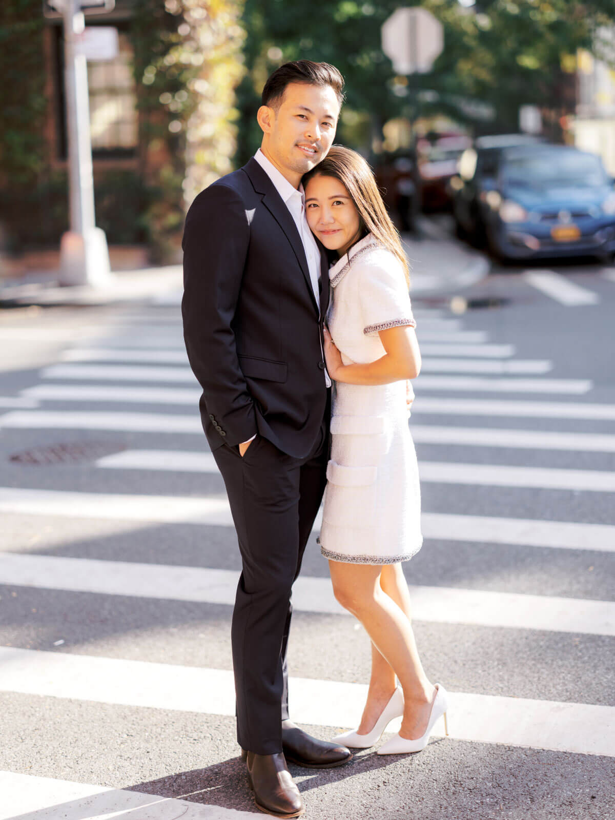 The engaged couple is in the middle of a pedestrian lane at West Village, NYC. Image by Jenny Fu Studio