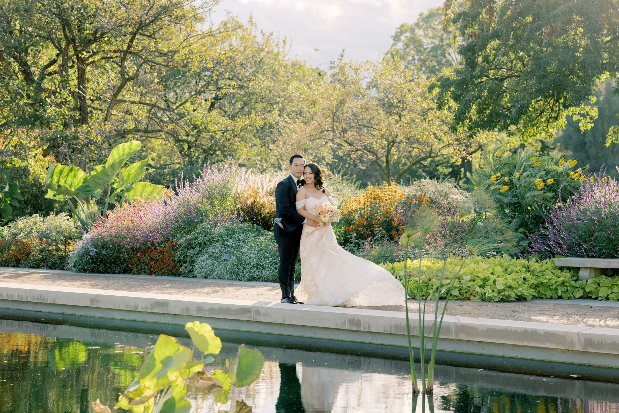 Intimate wedding with bride and groom at Brooklyn Botanical Garden