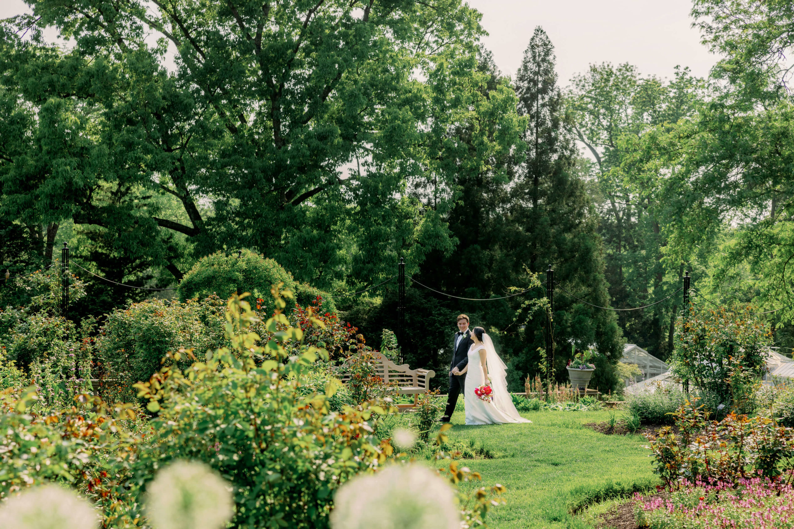 The bride and groom are walking hand in hand in the middle of lush greens. Destination wedding image by Jenny Fu Studio