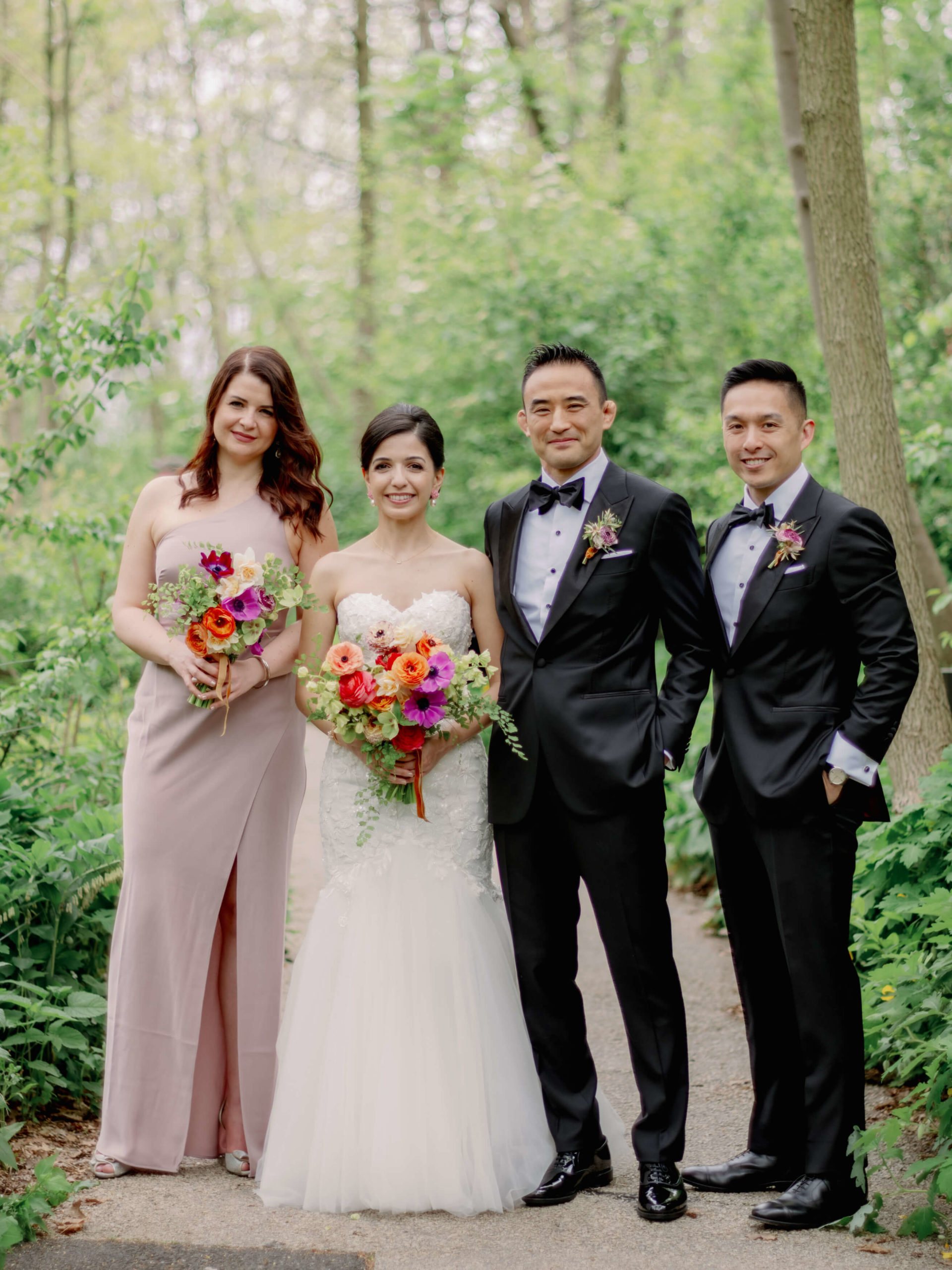The bride and groom with the bridesmaid and groomsman. Hours of wedding photography image by Jenny Fu Studio NYC.