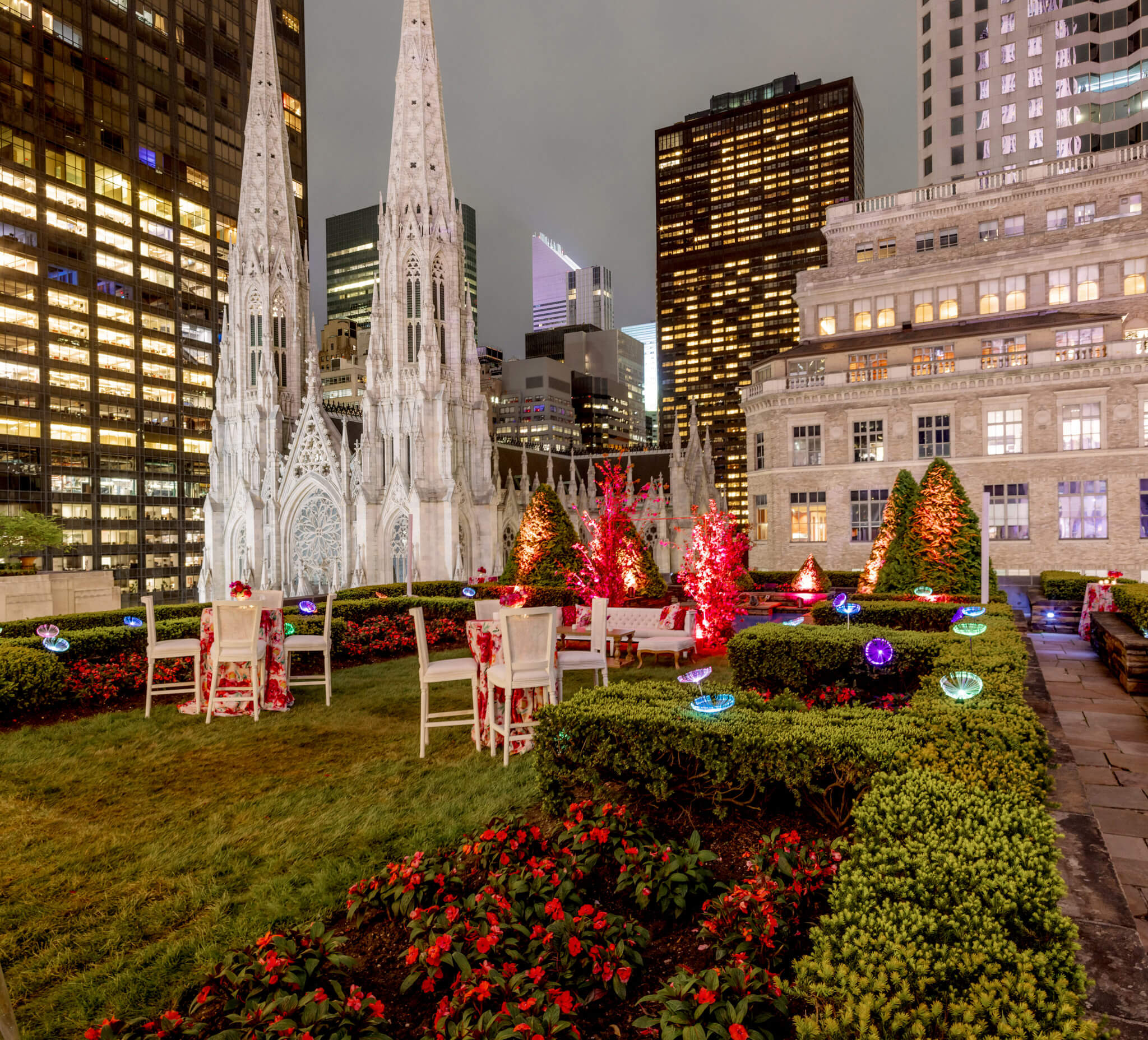 Night view of 620 Loft and Garden, NYC, with St. Patrick's Cathedral in the background. Luxury wedding image by Jenny Fu Studio
