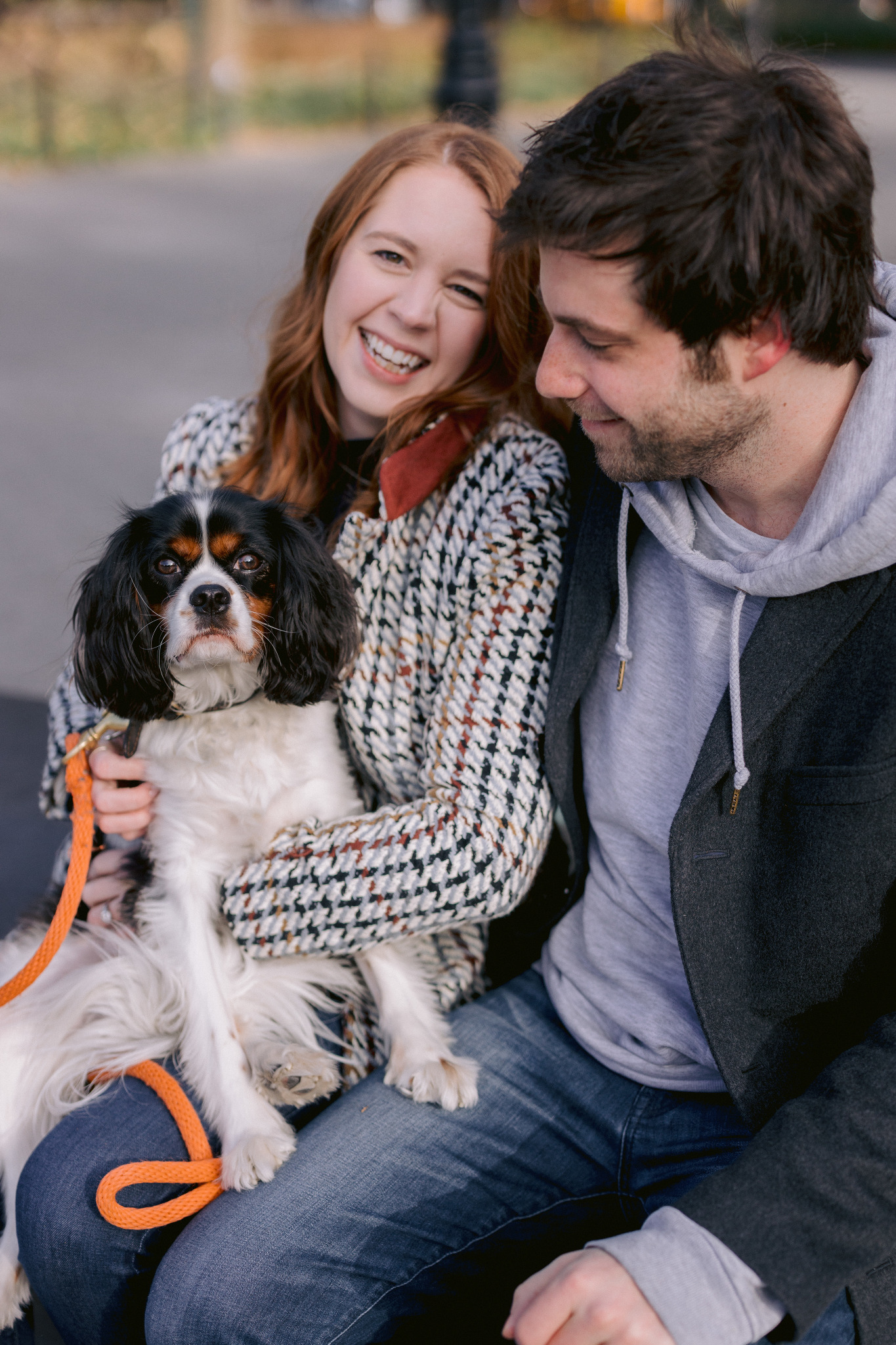The engaged couple's dog is sitting on the fiance's lap while it's looking at the camera. Engagement session with pets photo by Jenny Fu Studio.