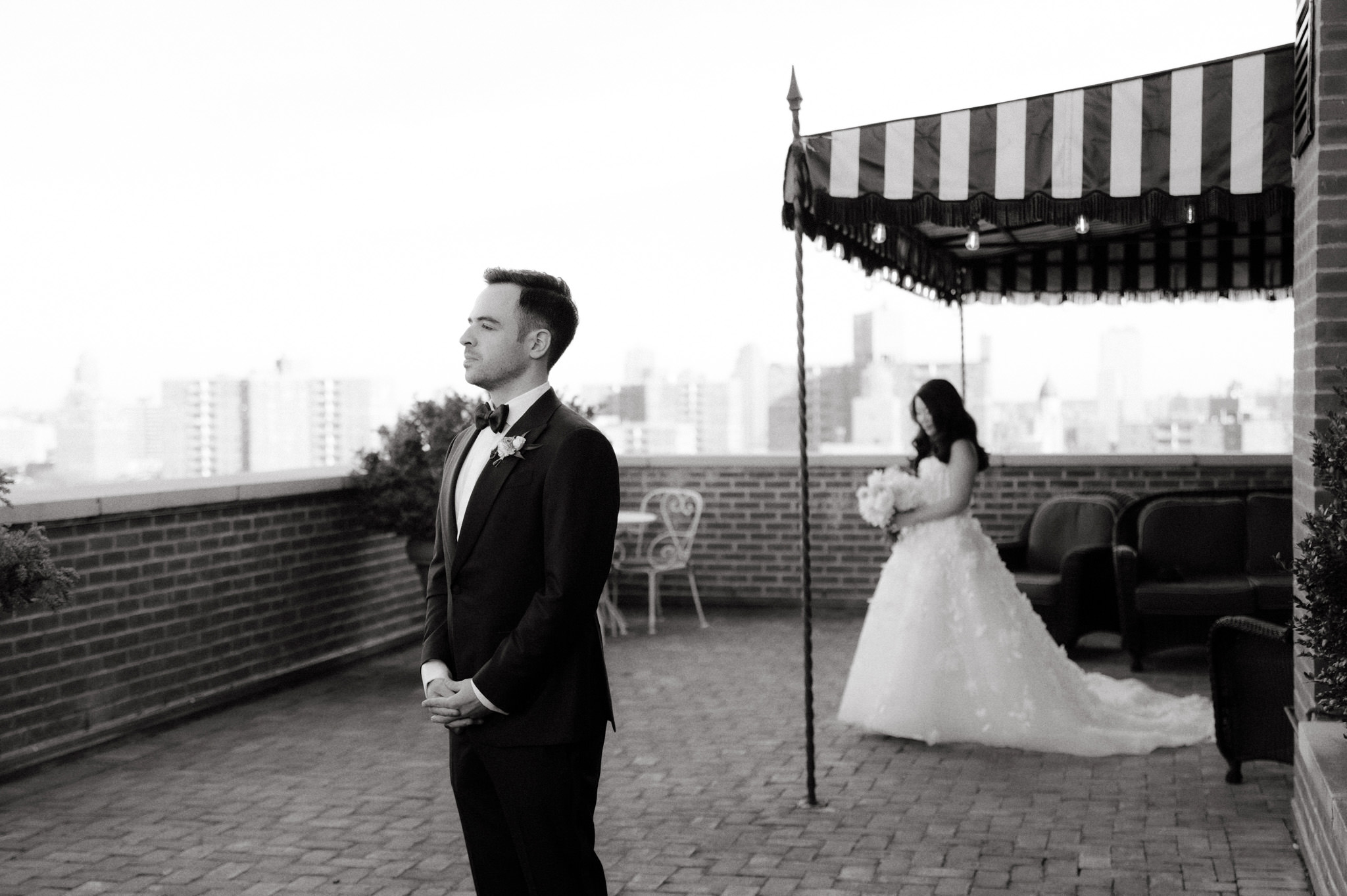 Black and white first look photo. Wedding photography package image by Jenny Fu Studio