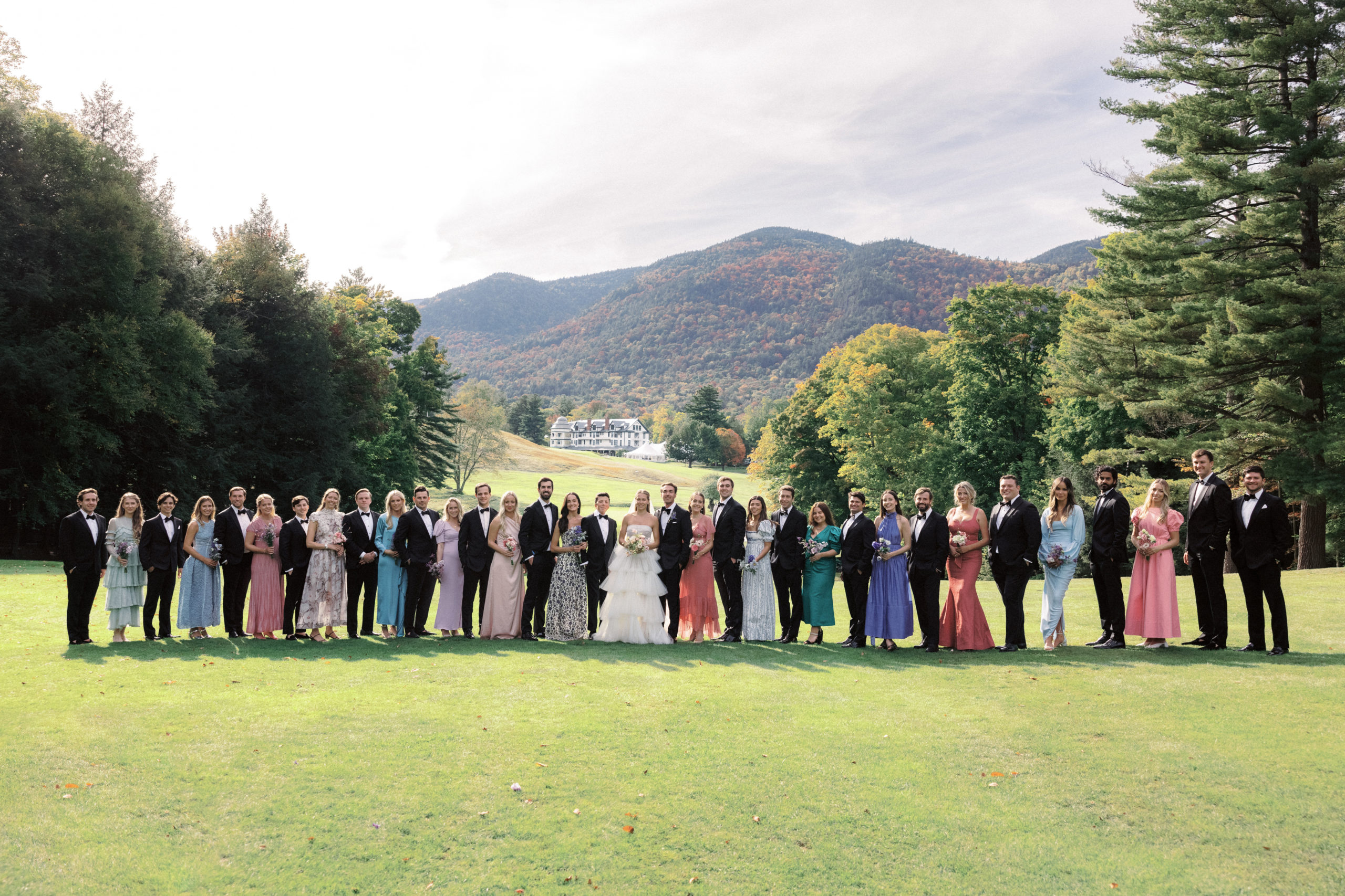 The bride, groom, bridesmaids & groomsmen in the golf course of The Ausable Club. Upstate NY wedding venues image by Jenny Fu Studio