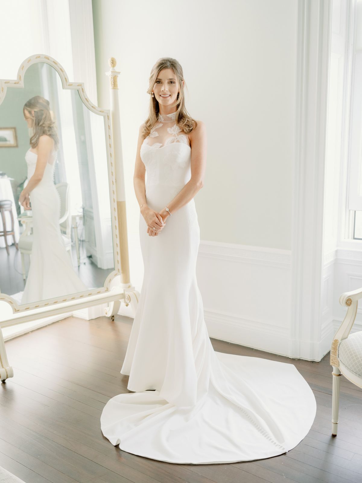 A Carolina Herrera wedding dress worn by the bride. Luxury wedding dress image by Jenny Fu Studio