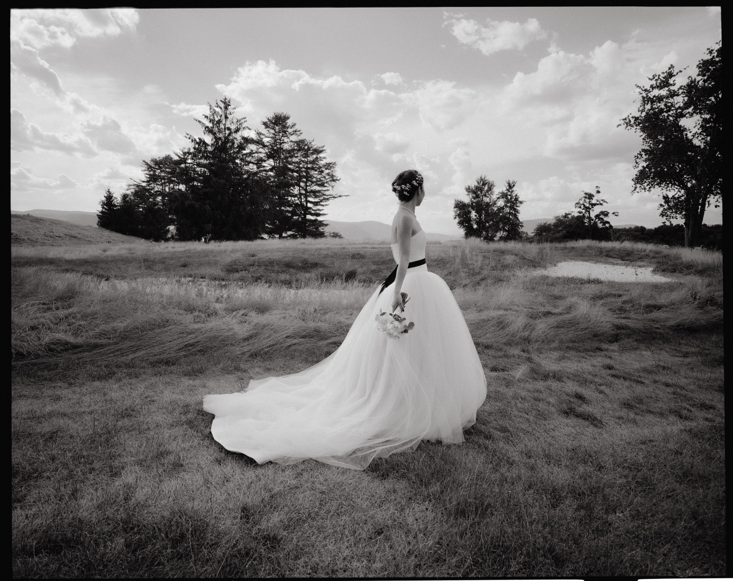 Black and white photo of the bride at The Garrison, New York. Film photography image by Jenny Fu Studio