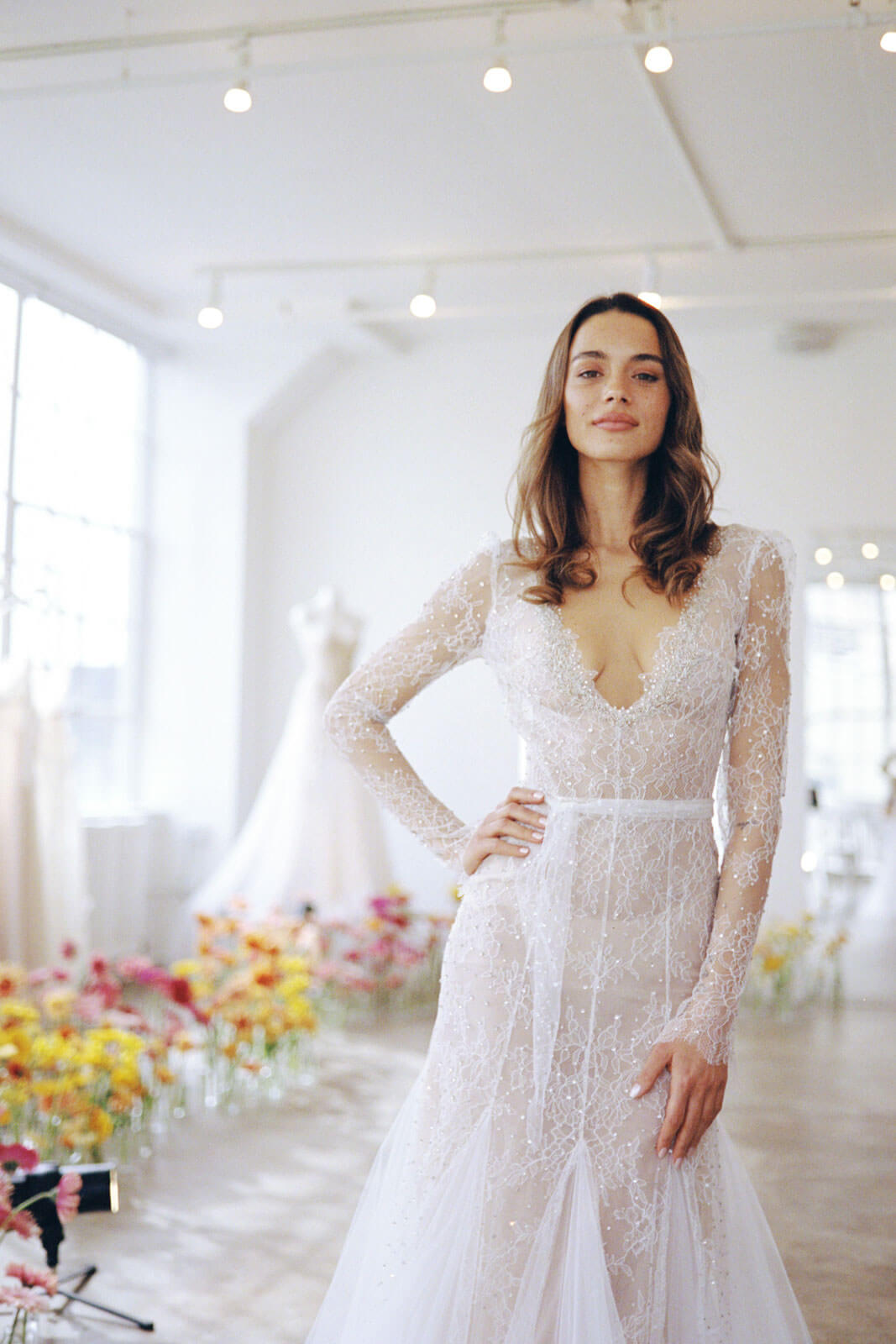 A model wearing a bridal gown in the New York Bridal Fashion Week. Image by Jenny Fu Studio
