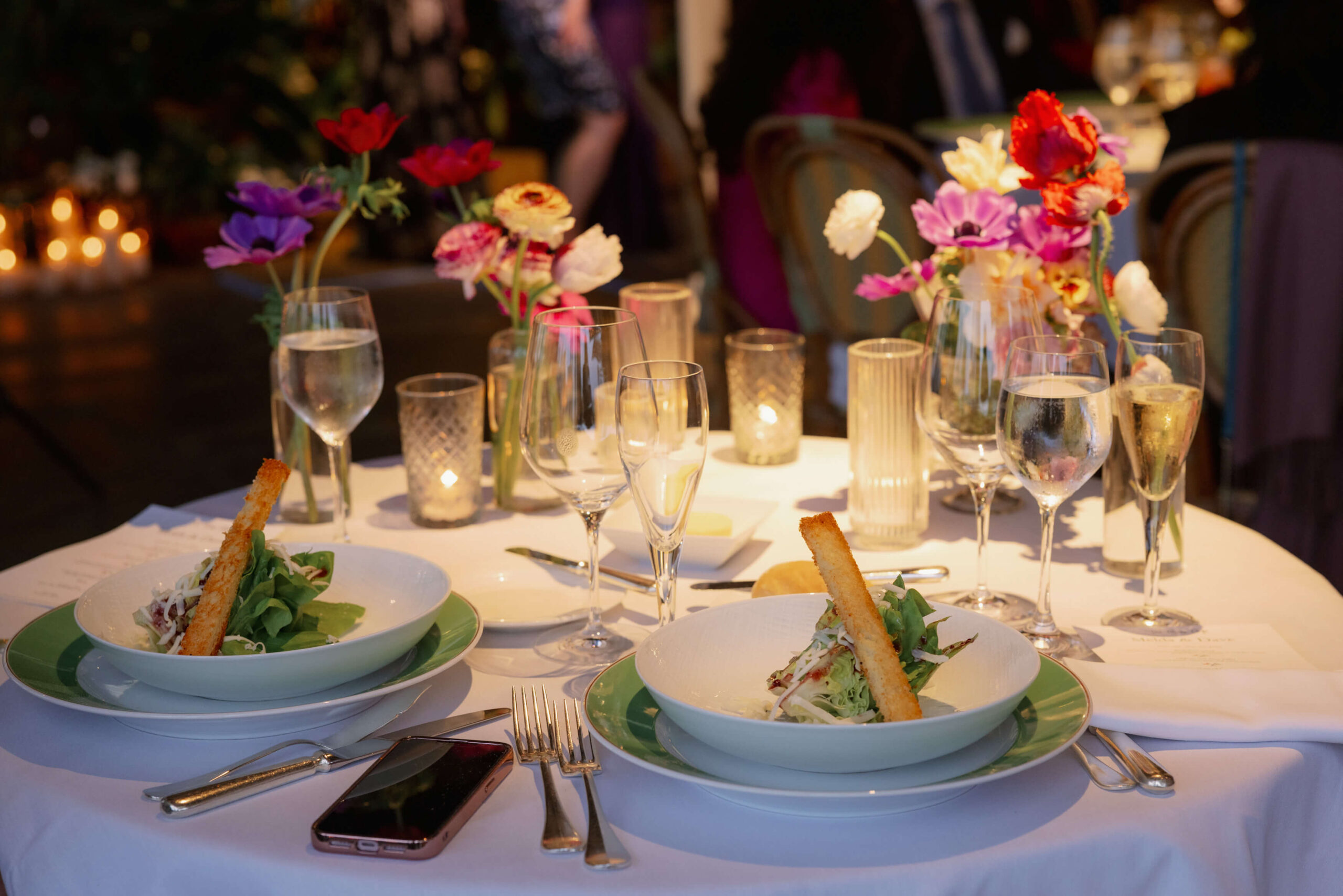 Sumptuous meal for a wedding reception at The River Cafe, New York. Intimate wedding image by Jenny Fu Studio