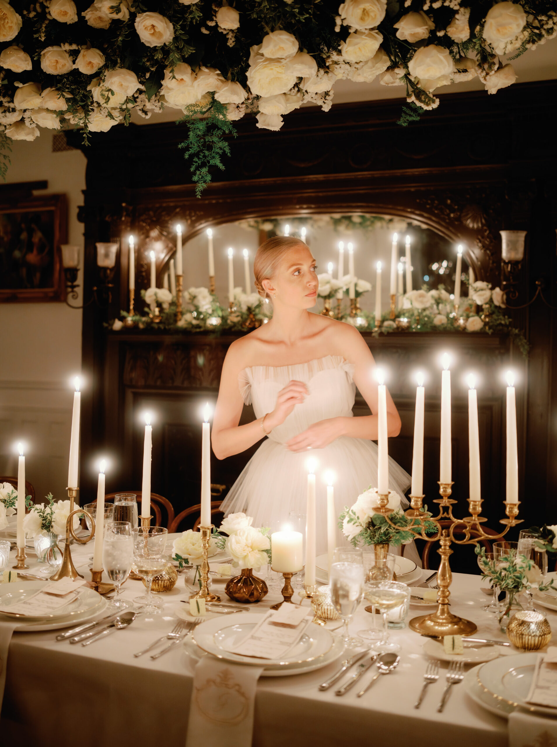 Editorial photo of the bride beside the dining table. Image by Jenny Fu Studio