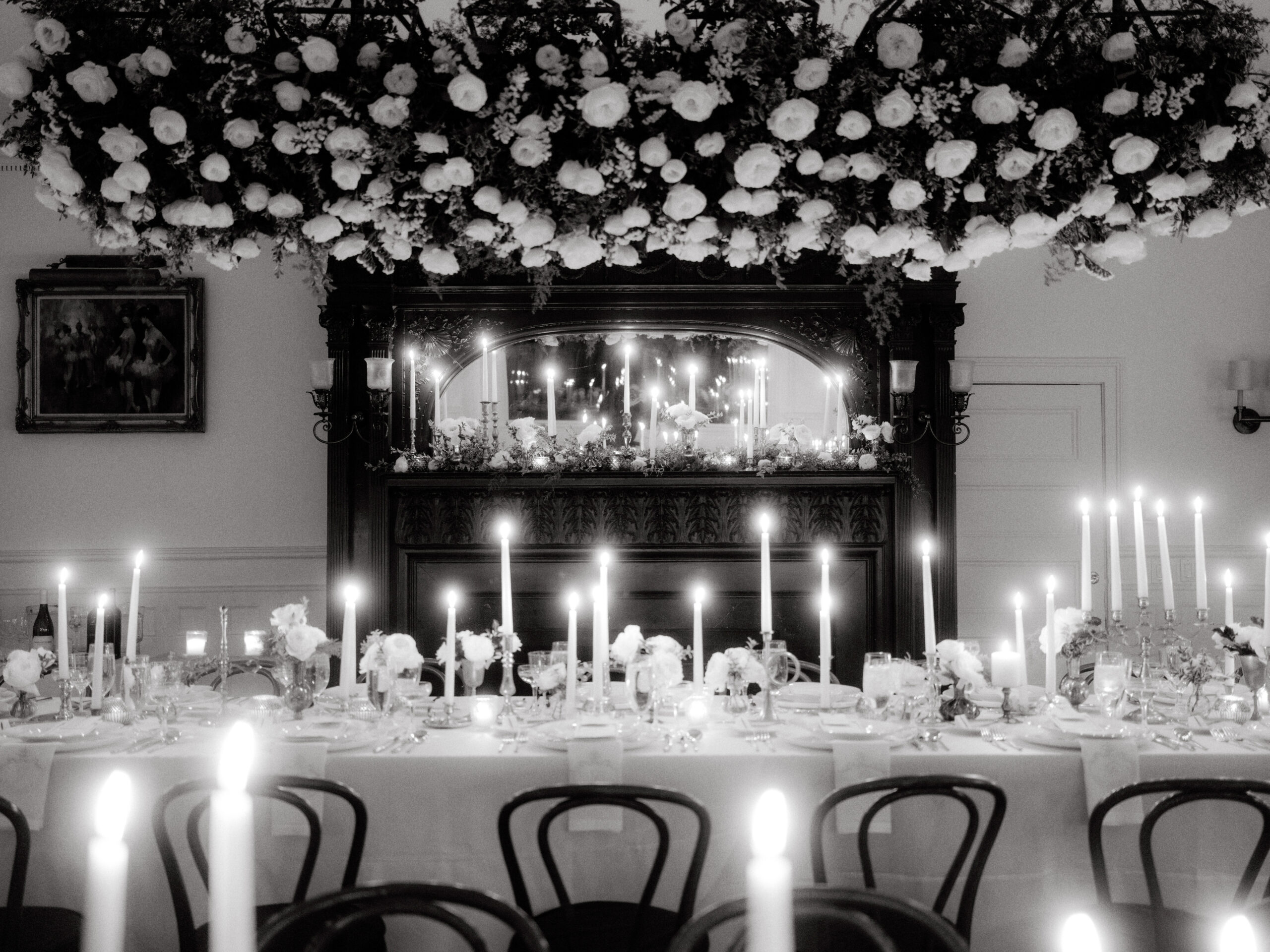 Black and white image of an elegant wedding dinner set-up. Image by Jenny Fu Studio