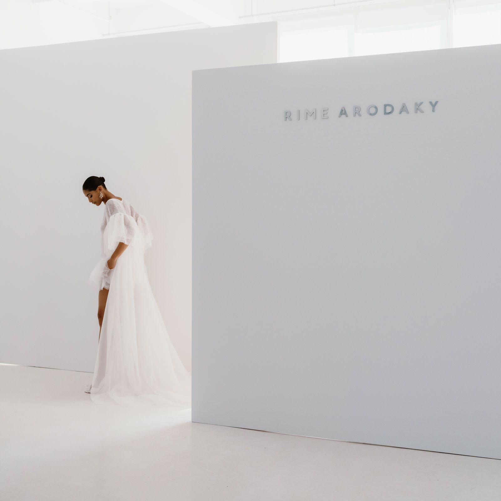 Editorial photo of a bride wearing Rime Arodaky wedding gown in the NYBFW. Image by Jenny Fu Studio