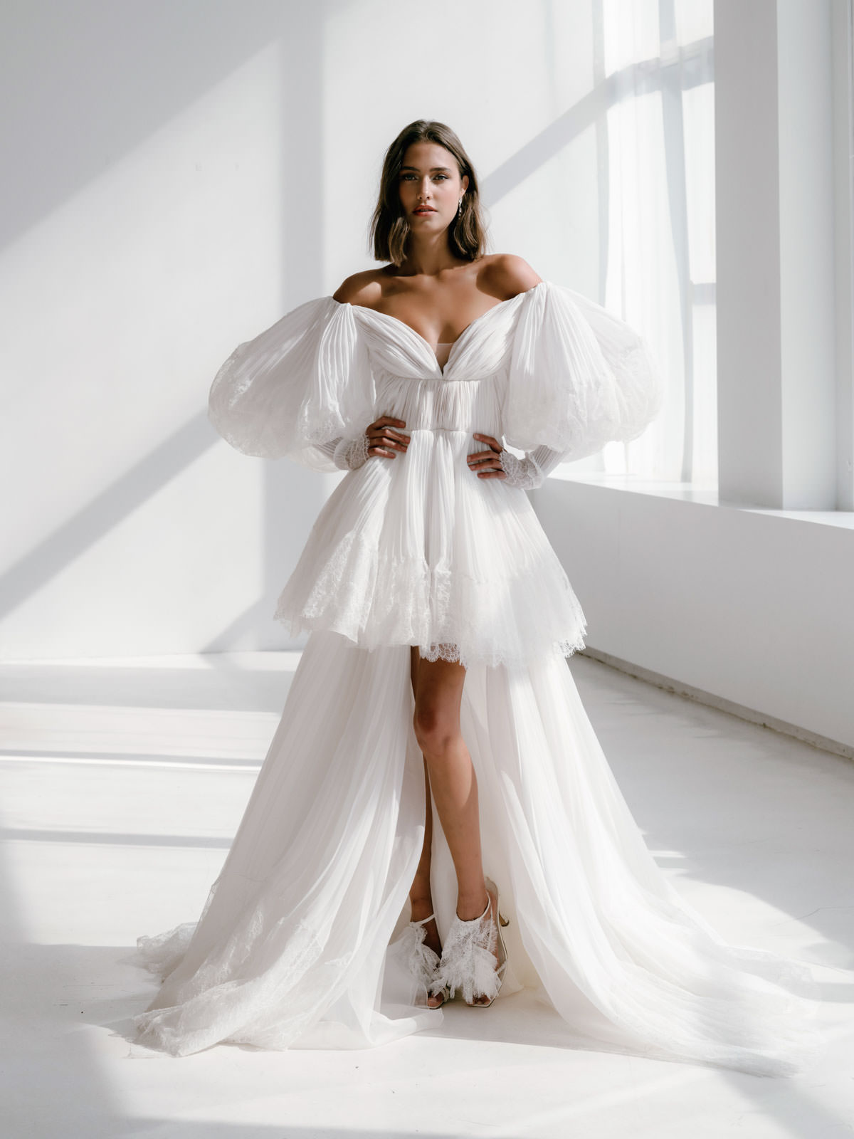 Editorial photo of a model wearing a wedding dress at the New York Bridal Fashion Week. Image by Jenny Fu Studio