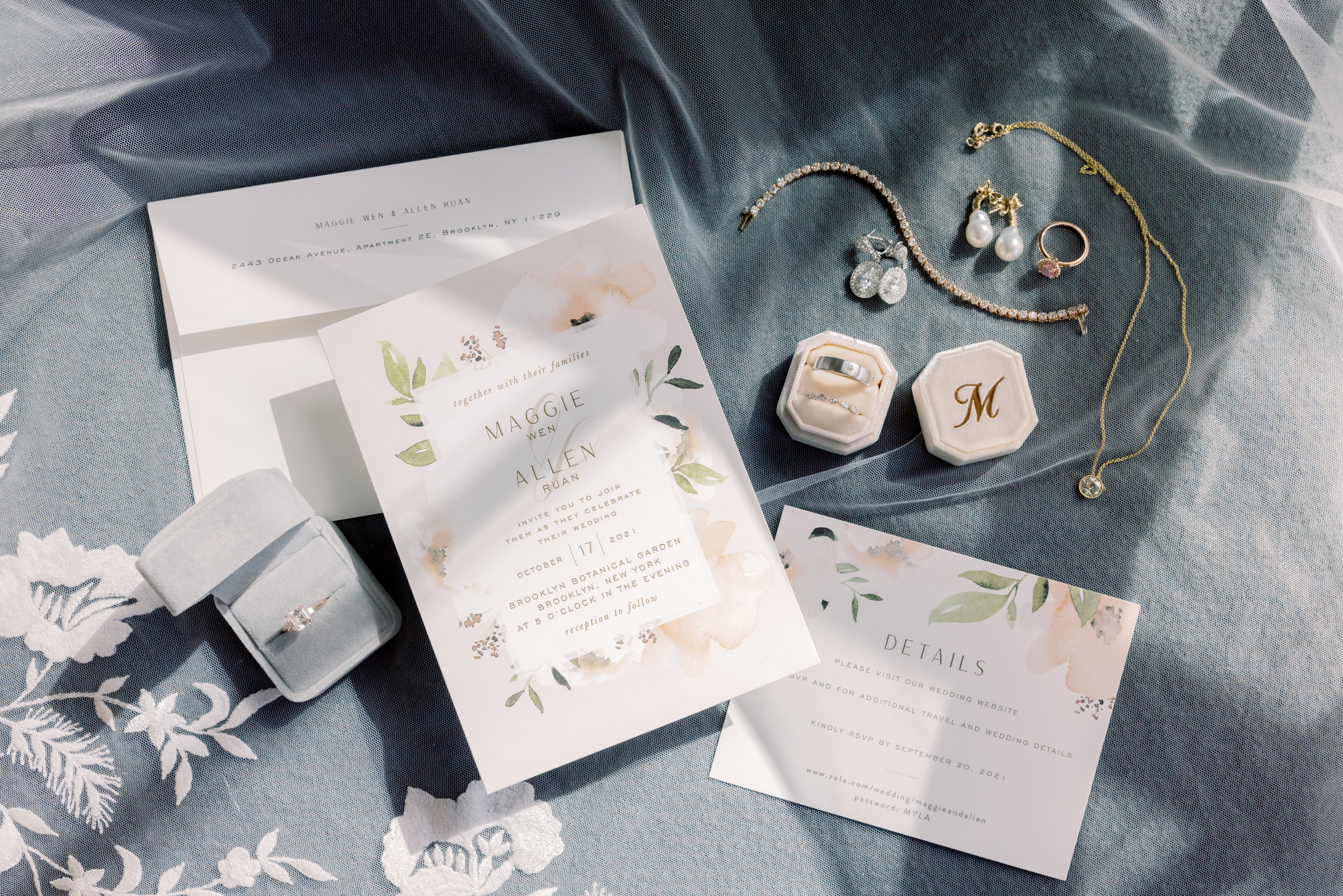 Wedding jewelries and invitation. Wedding accessories image by Jenny Fu Studio.