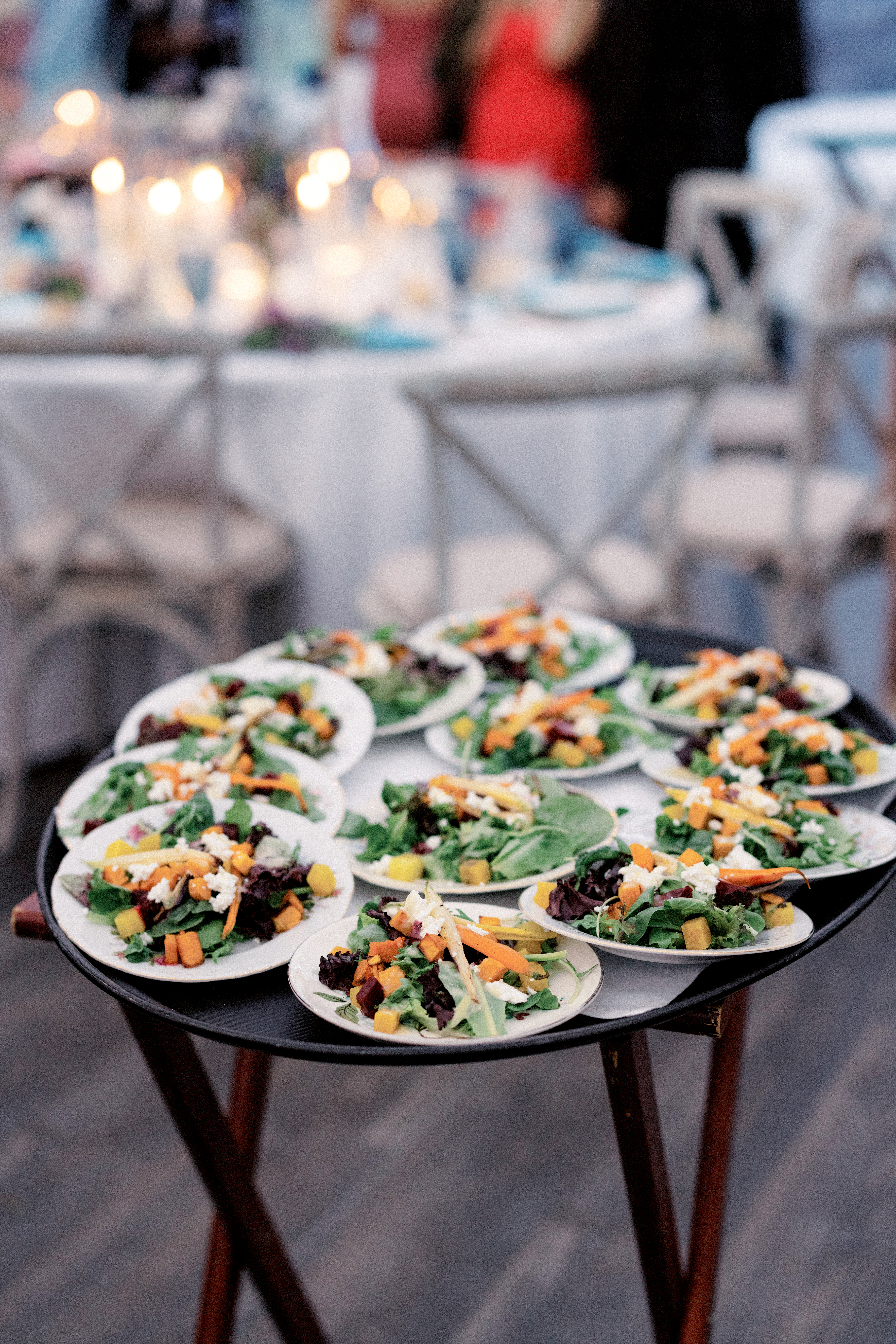 Salads for a wedding dinner at Ausable Club, New York. Image by Jenny Fu Studio