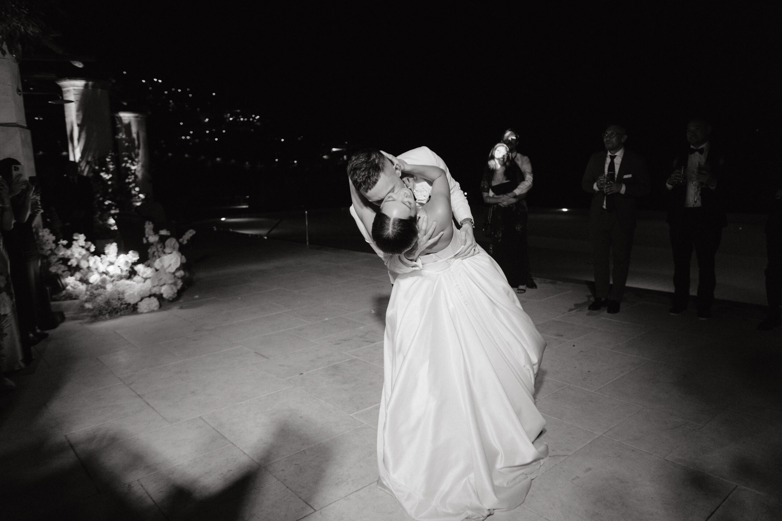 Black and white image of the bride and groom's first dance. Image by Jenny Fu Studio