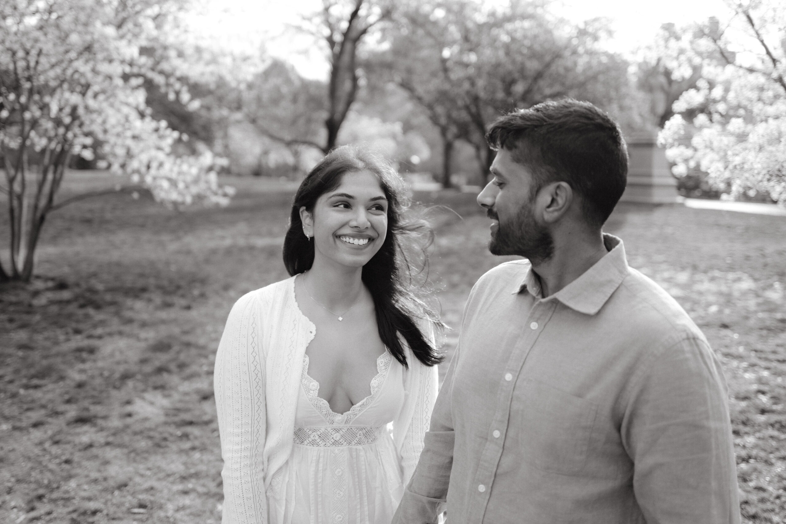 Black and white spring engagement photography image Jenny Fu Studio.