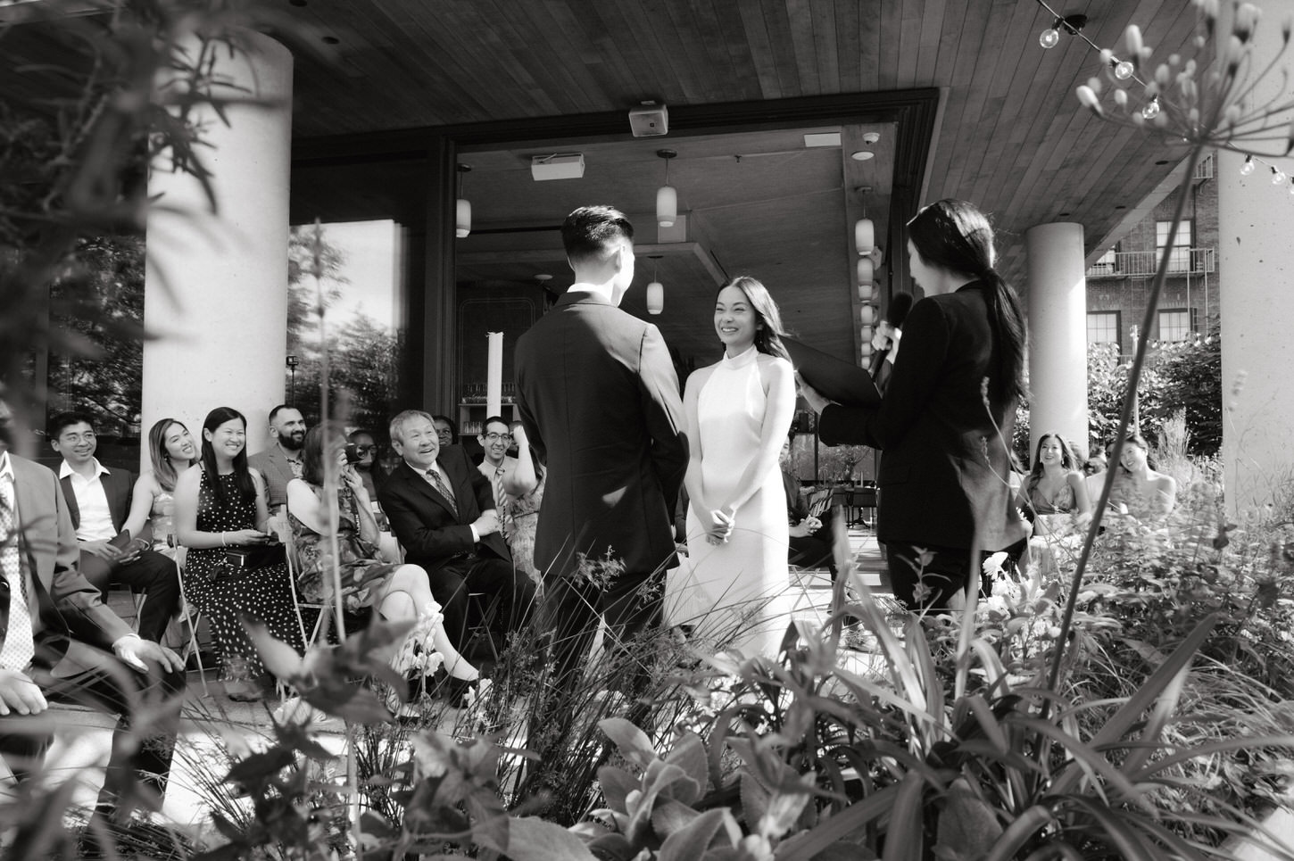 Black and white, photojournalistic elegant wedding ceremony at Celestine, Brooklyn, NYC, captured by Jenny Fu Studio.